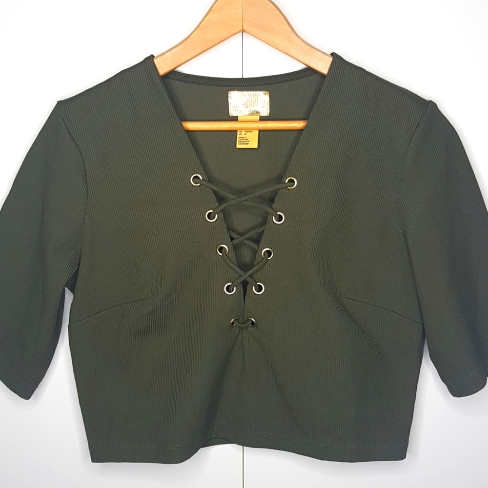 H&M GOLD LABEL 10 Plunging V-Neck Lace Up Crop Top Size 10